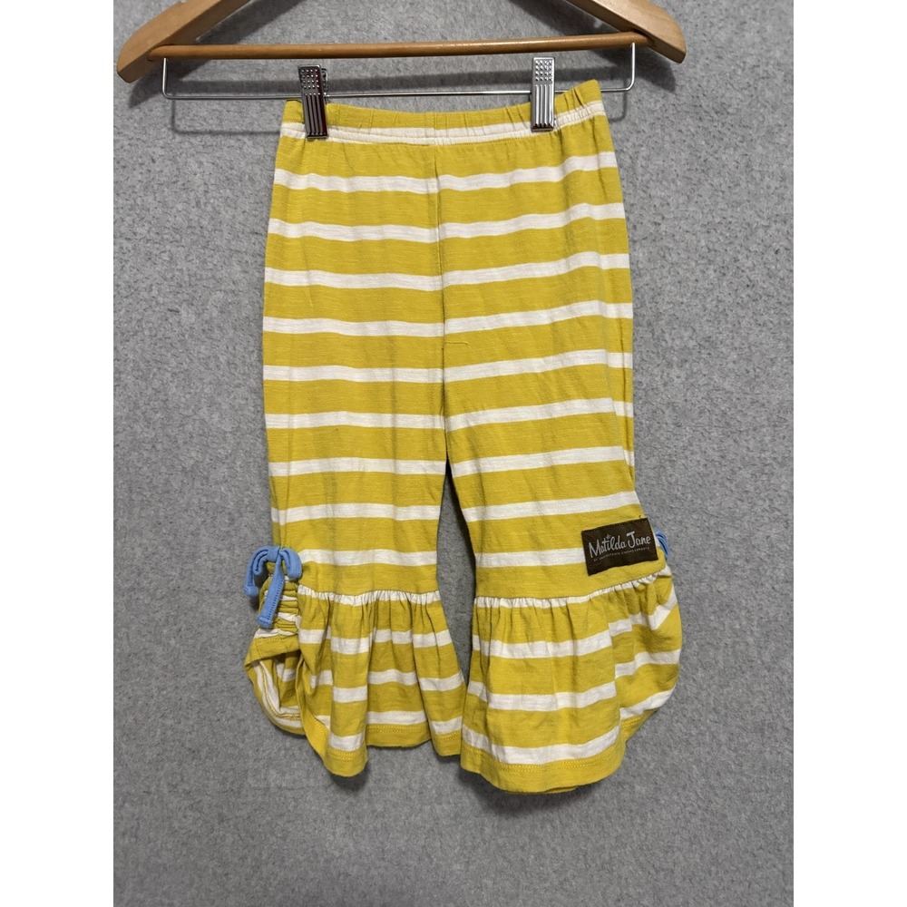 Matilda Jane Capri Pants Girls 4 Yellow Stripe Ruffle Hem Blue Tie Jersey Knit